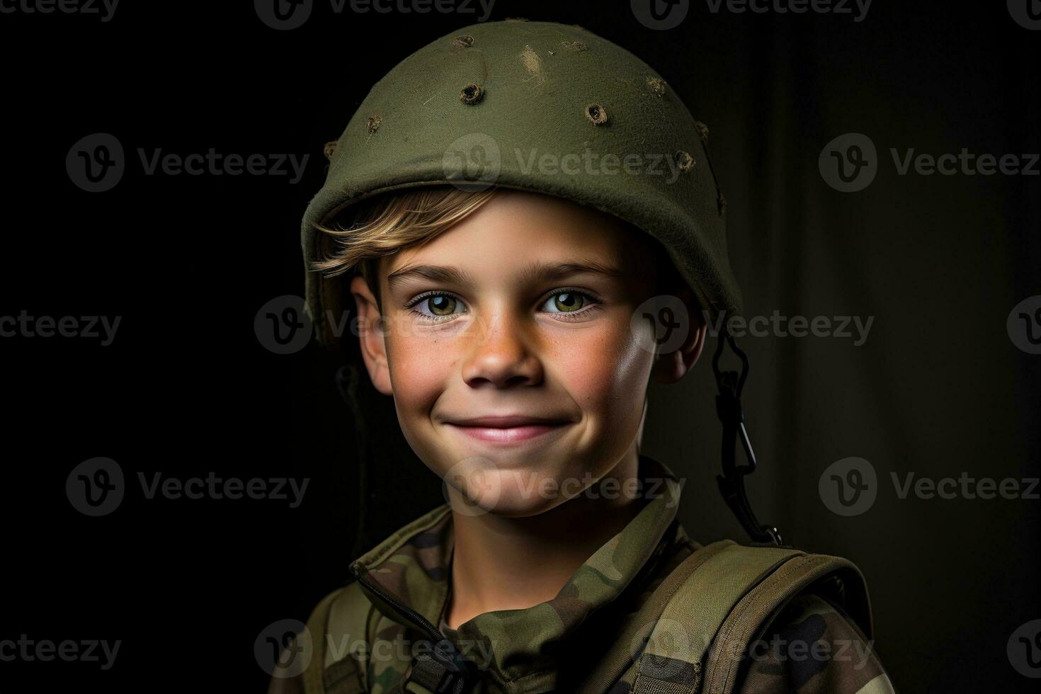 retrato de un linda pequeño chico en militar uniforme en oscuro antecedentes ai generado foto