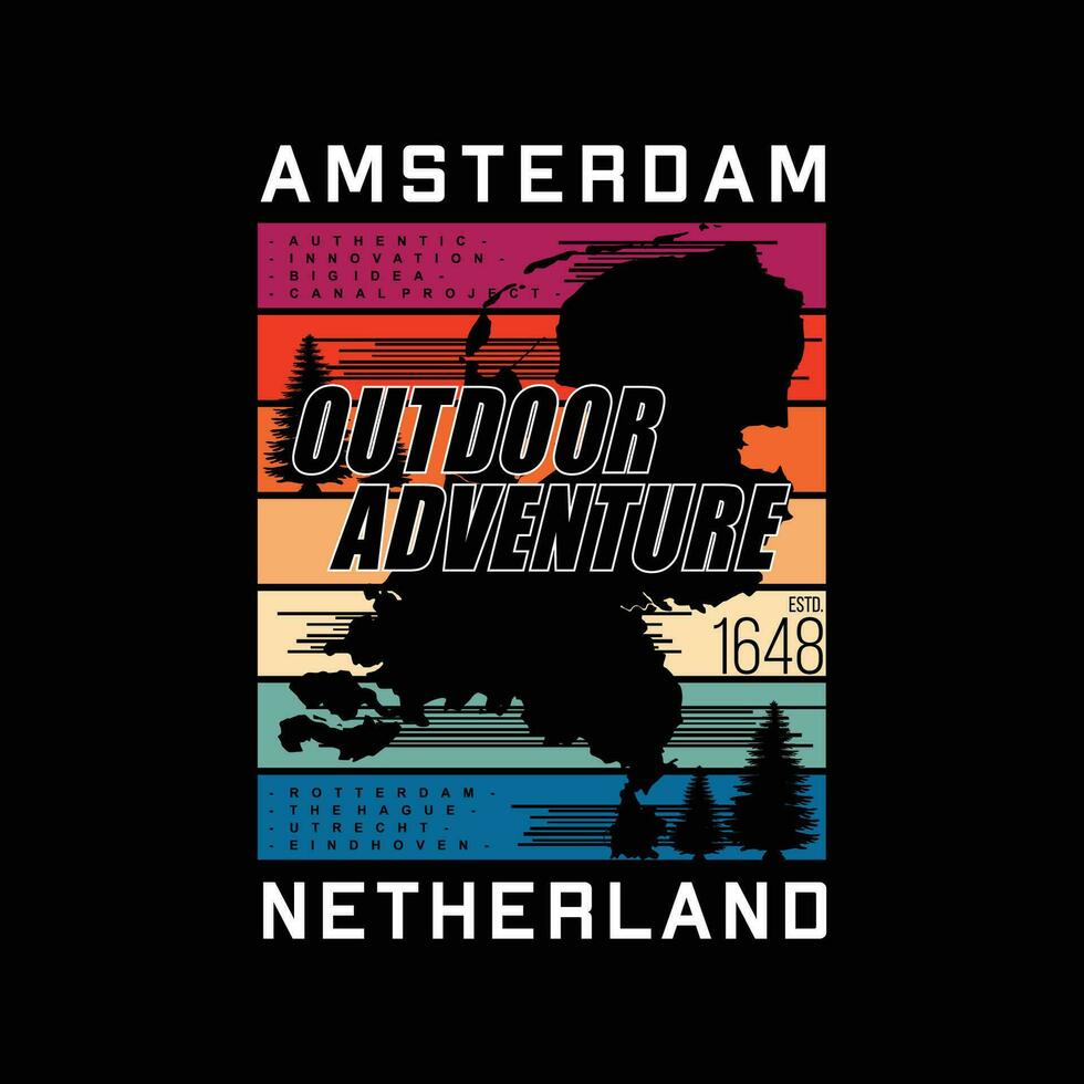 amsterdam outdoor adventure forest, explorer, outdoor adventure, graphic typography, t shirt design vectors
