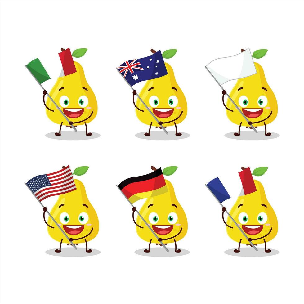 amarillo Pera dibujos animados personaje traer el banderas de varios países vector