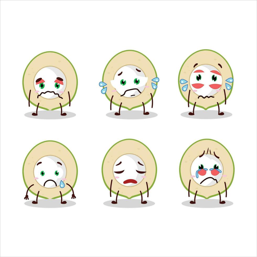 Slice of green coconut cartoon character with sad expression vector