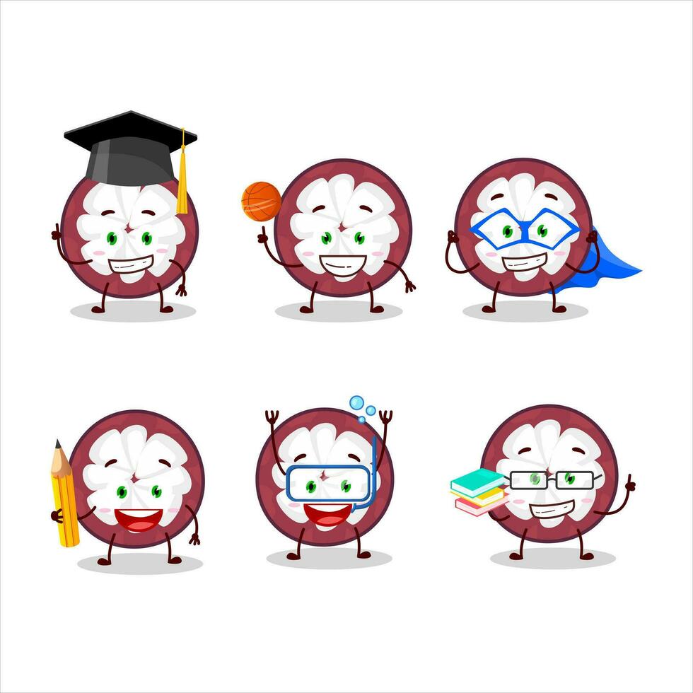 School student of slice of mangosteen cartoon character with various expressions vector