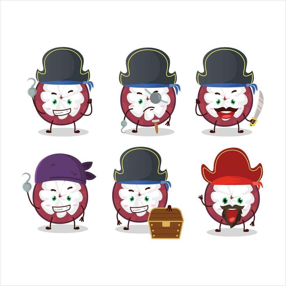 dibujos animados personaje de rebanada de mangostán con varios piratas emoticones vector