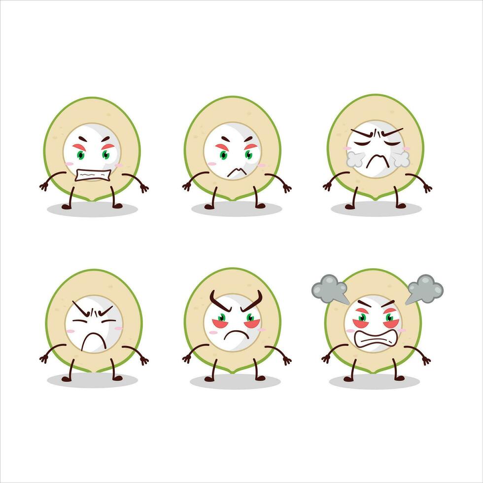 Slice of green coconut cartoon character with various angry expressions vector