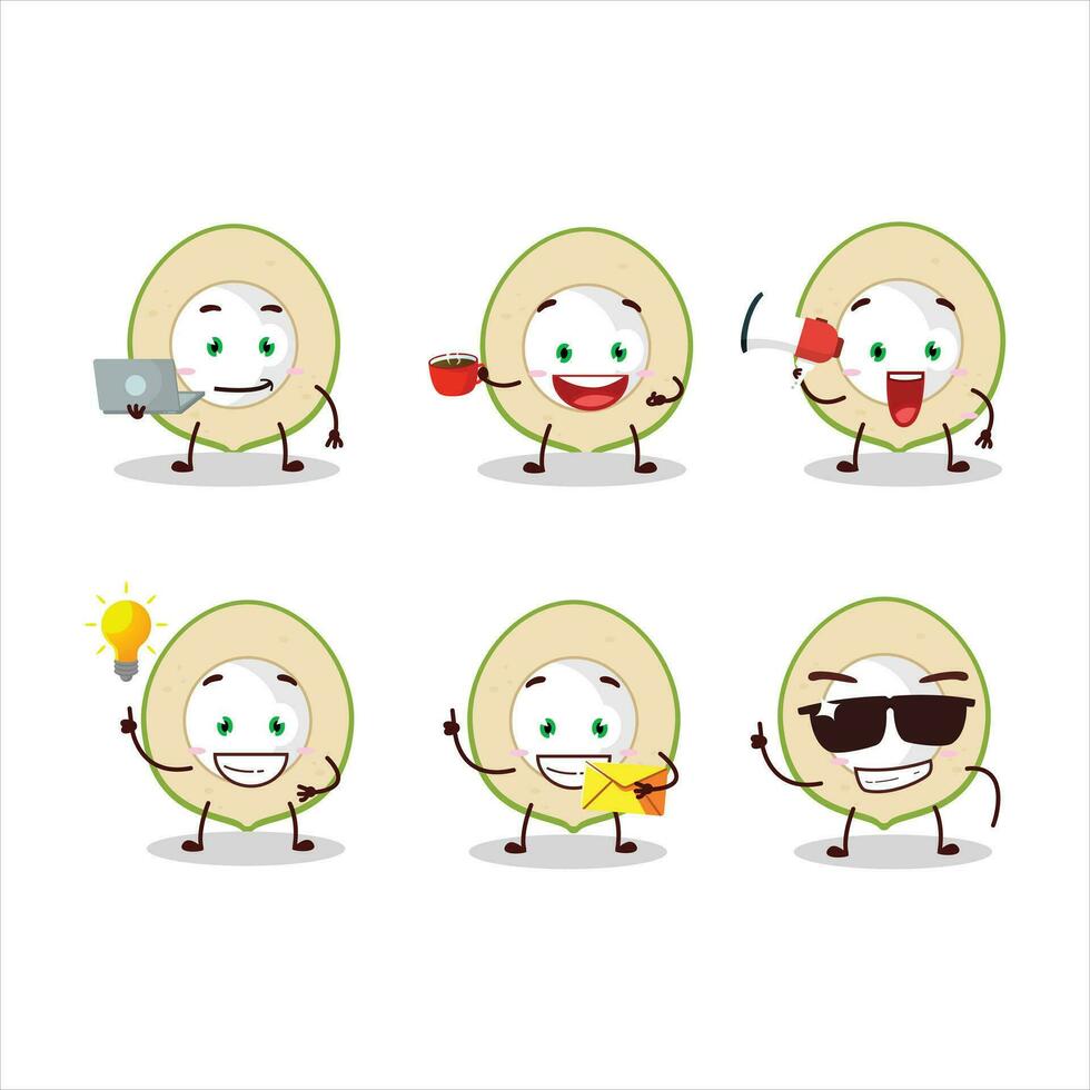 rebanada de verde Coco dibujos animados personaje con varios tipos de negocio emoticones vector