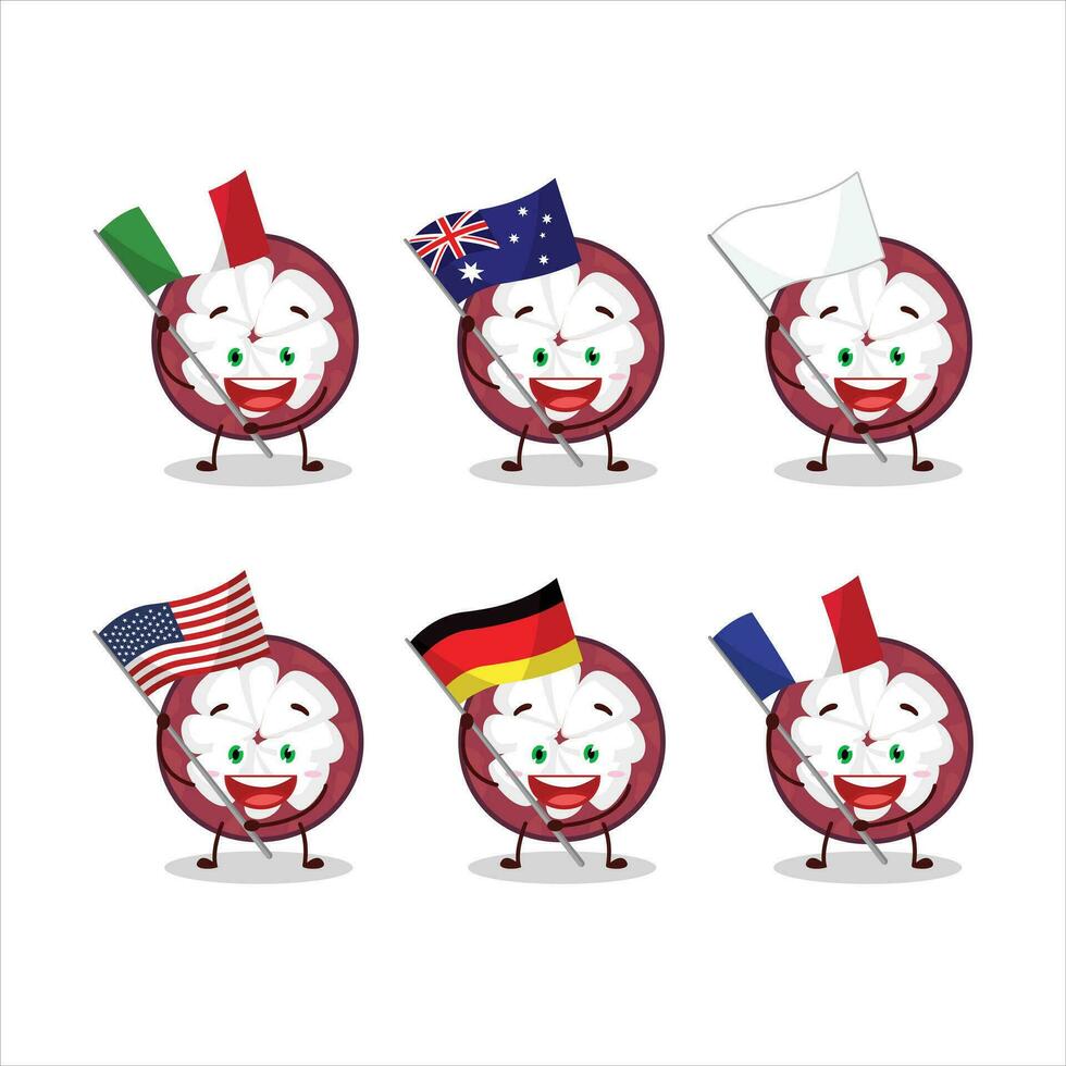 Slice of mangosteen cartoon character bring the flags of various countries vector