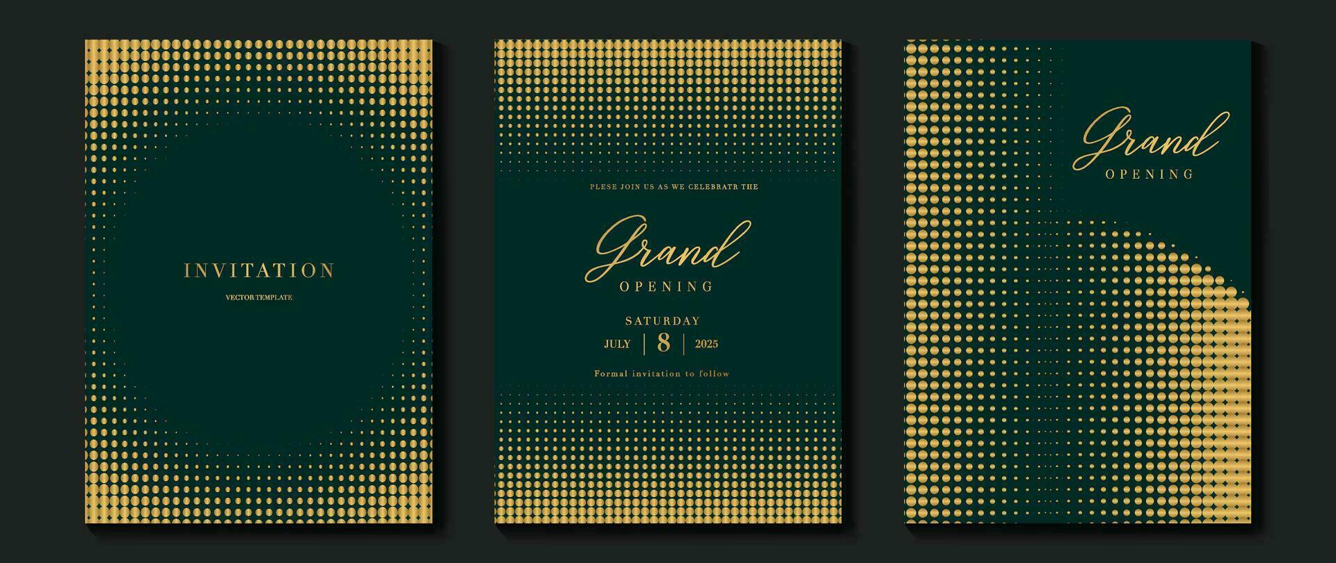 Luxury gala invitation card background vector. Golden elegant halftone gold pattern on dark green background. Premium design illustration for wedding and vip cover template, grand opening. vector