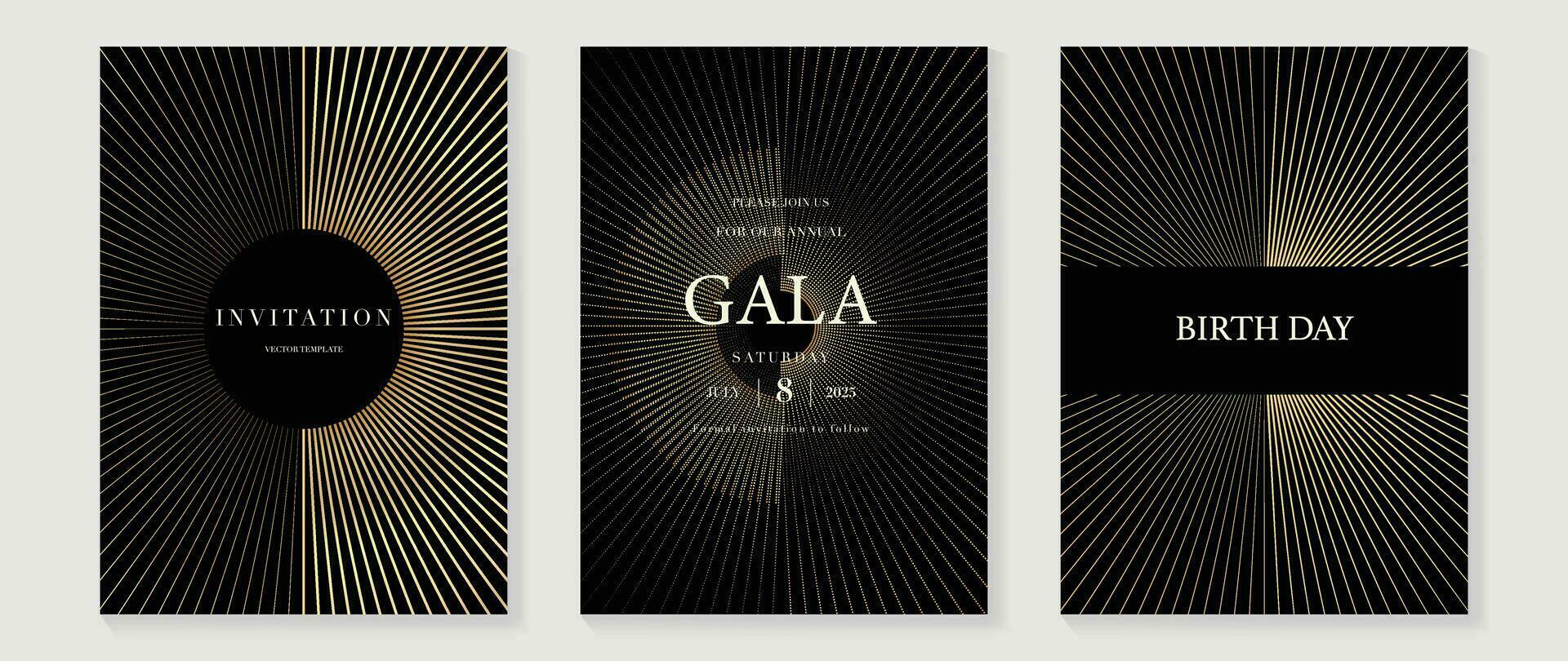 Luxury gala invitation card background vector. Golden elegant wavy gold line pattern on black background. Premium design illustration for wedding and vip cover template, grand opening. vector