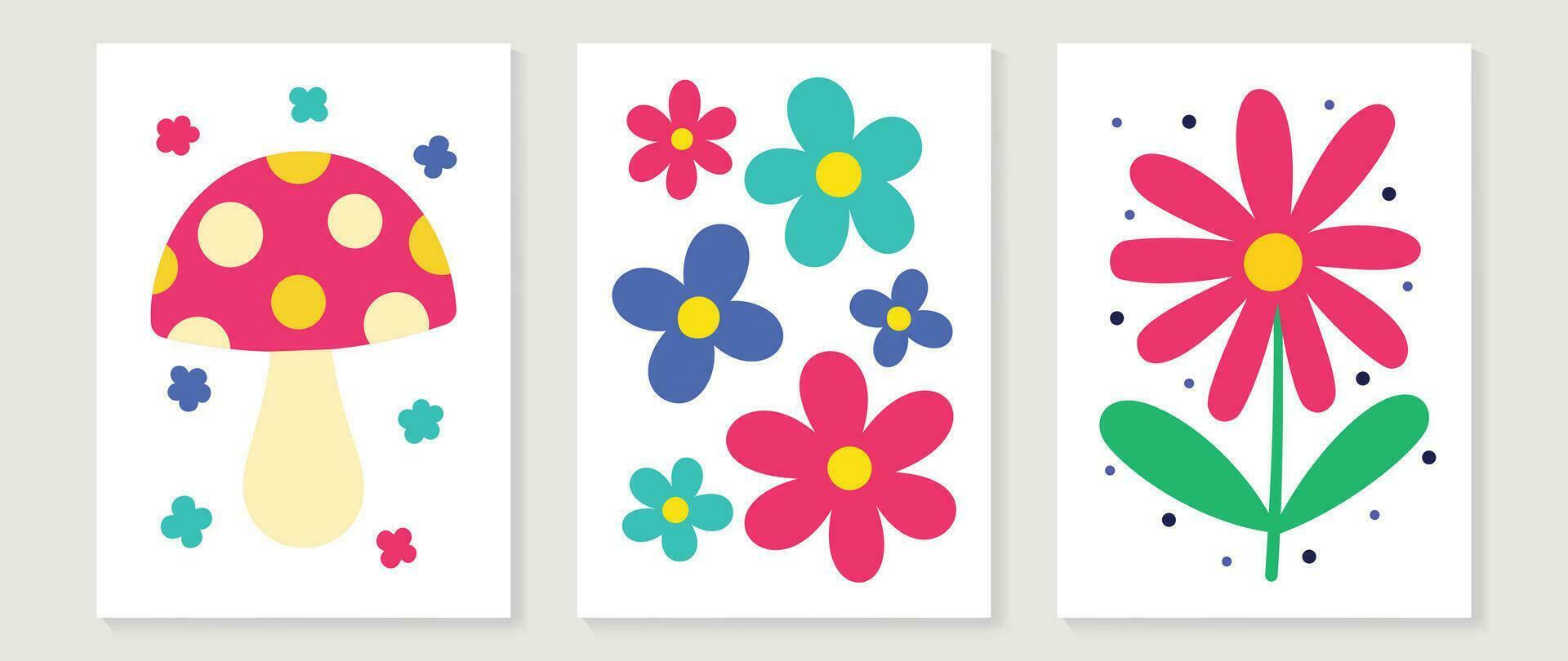 Kids wall art vector collection. Cute hand drawn design with mushroom, flower, leaves. Wallpaper background design for kid room decoration, Nursery wall art, Baby and toy card and cover.