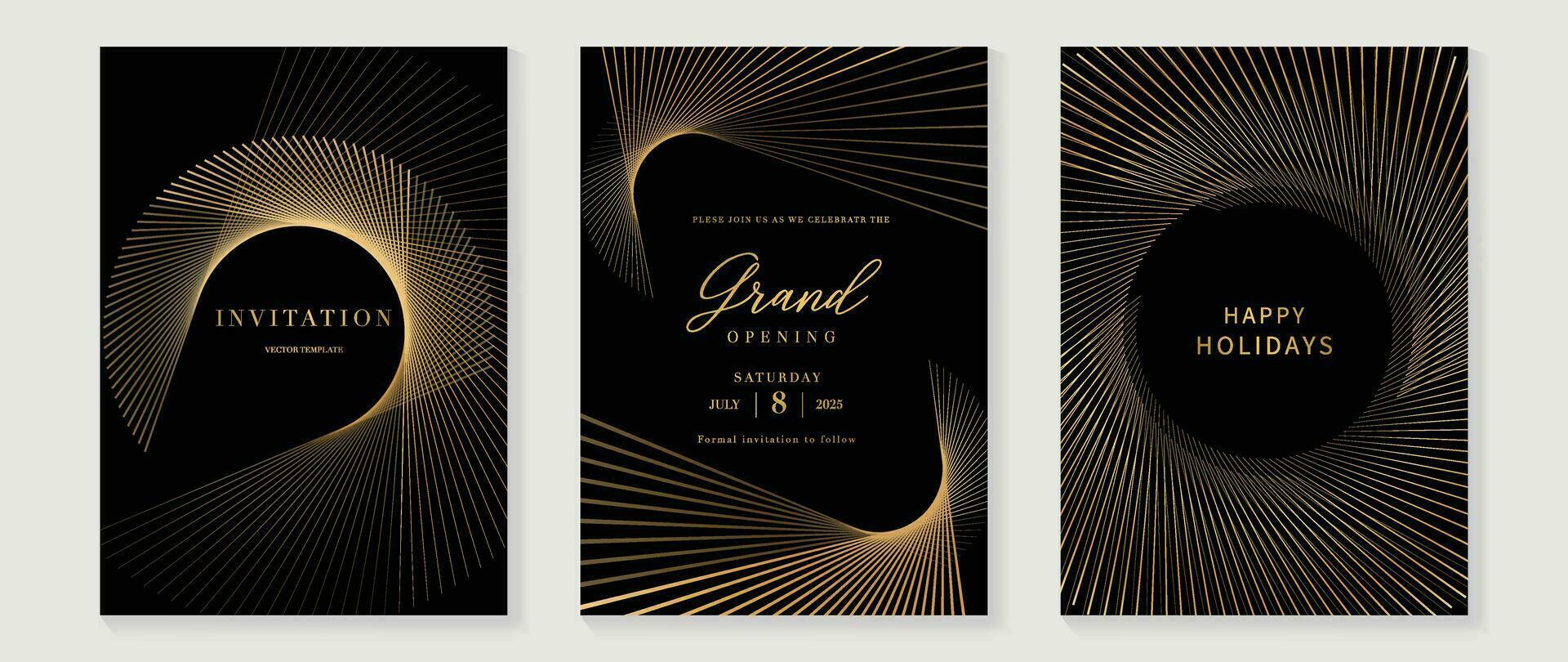 lujo gala invitación tarjeta antecedentes vector. dorado elegante ondulado oro línea modelo en negro antecedentes. prima diseño ilustración para Boda y VIP cubrir plantilla, grandioso apertura. vector