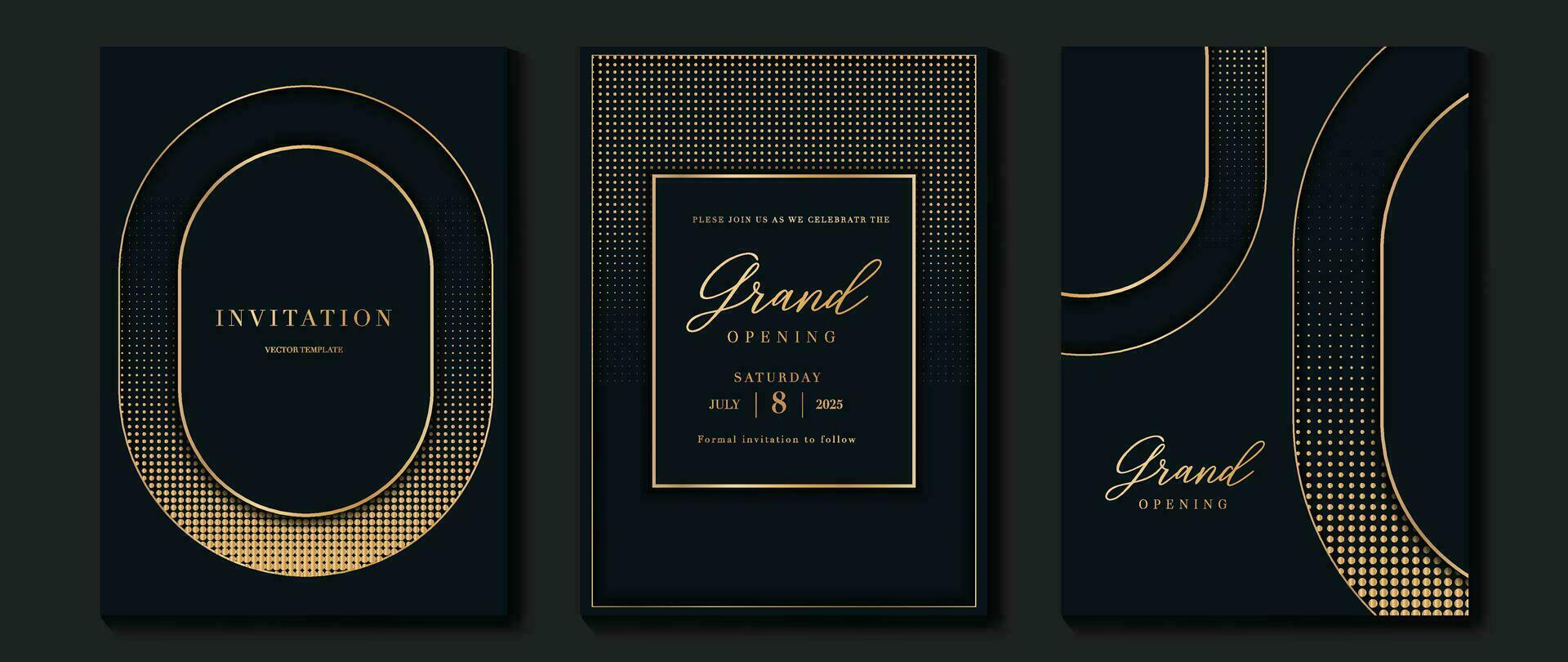 lujo gala invitación tarjeta antecedentes vector. dorado elegante trama de semitonos oro modelo en negro antecedentes. prima diseño ilustración para Boda y VIP cubrir plantilla, grandioso apertura. vector