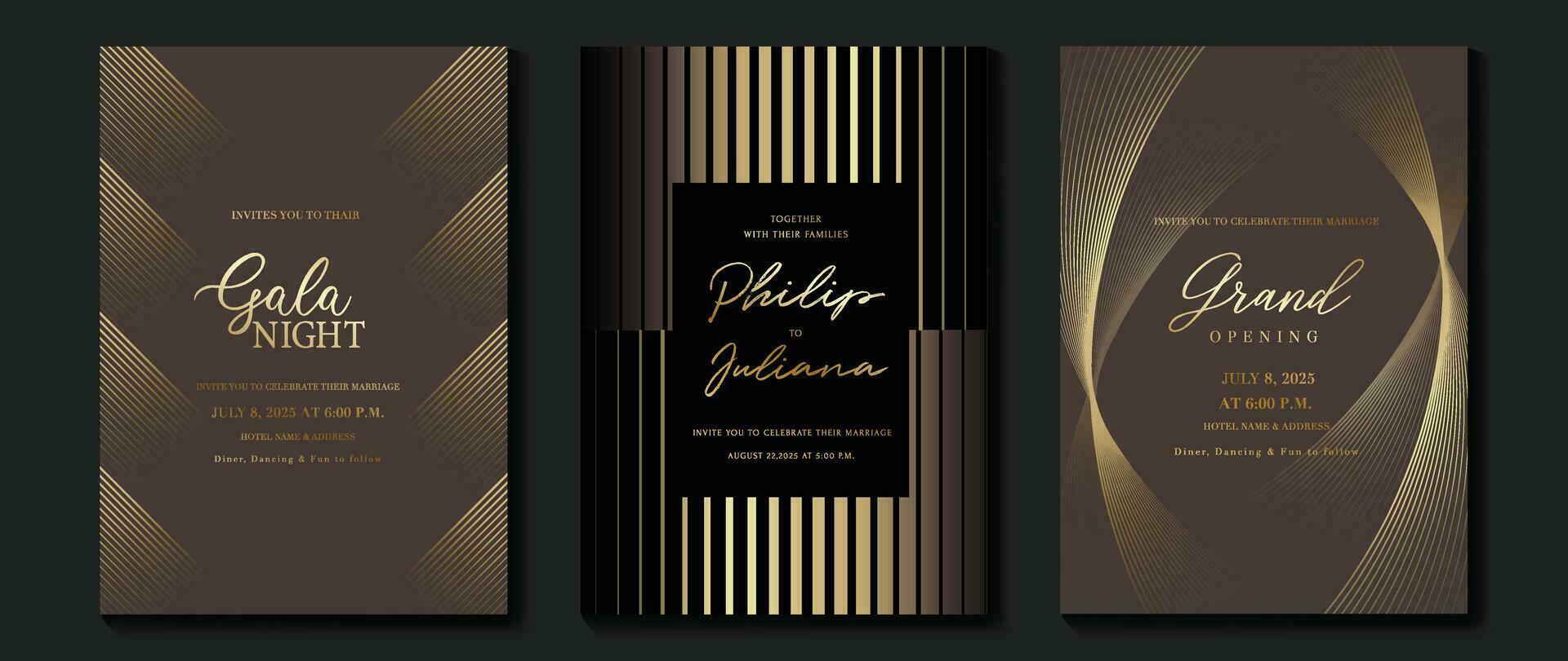 Luxury gala invitation card background vector. Golden elegant wavy gold line pattern on brown and black background. Premium design illustration for wedding and vip cover template, grand opening. vector