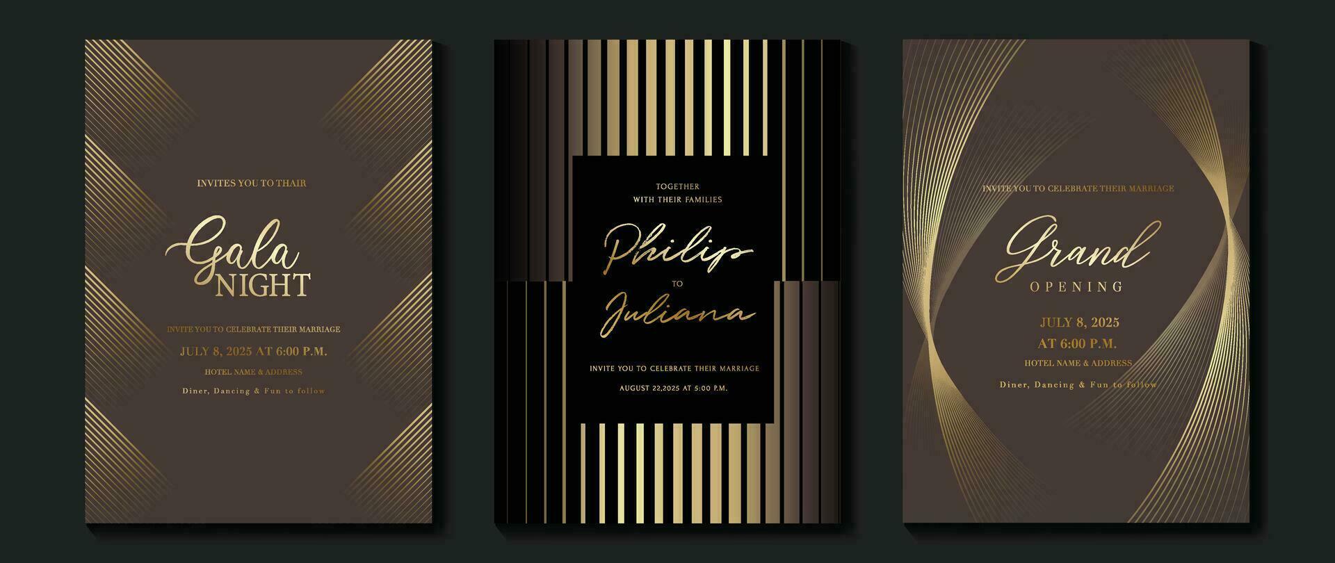 lujo gala invitación tarjeta antecedentes vector. dorado elegante ondulado oro línea modelo en marrón y negro antecedentes. prima diseño ilustración para Boda y VIP cubrir plantilla, grandioso apertura. vector