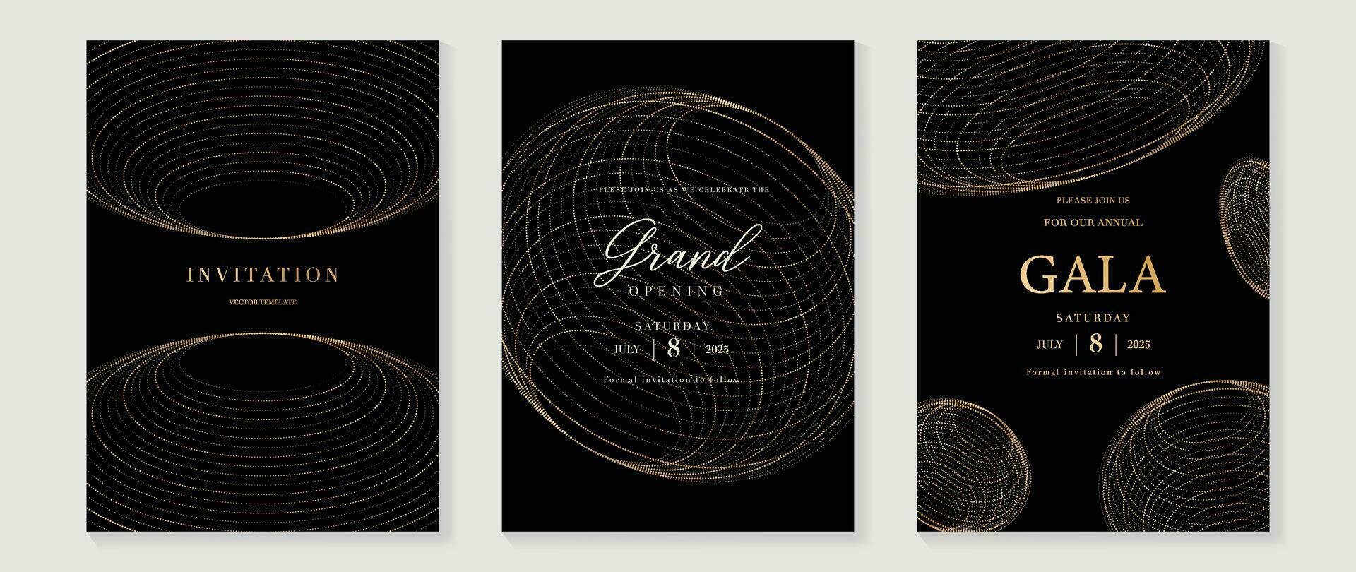 Luxury gala invitation card background vector. Golden elegant wireframe gold pattern on black background. Premium design illustration for wedding and vip cover template, grand opening. vector
