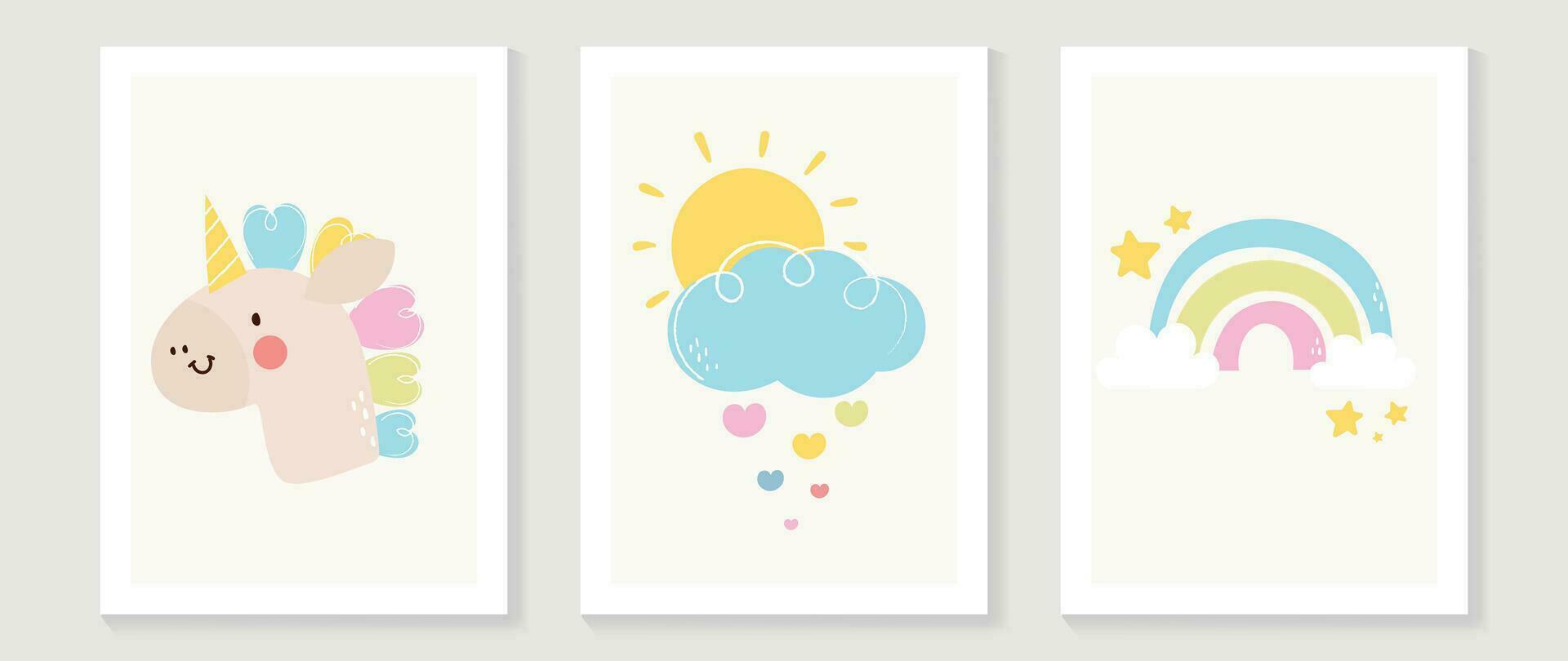Kids wall art vector collection. Cute hand drawn design with unicorn, cloud, sun, heart, rainbow. Wallpaper background design for kid room decoration, Nursery wall art, Baby and toy card and cover.