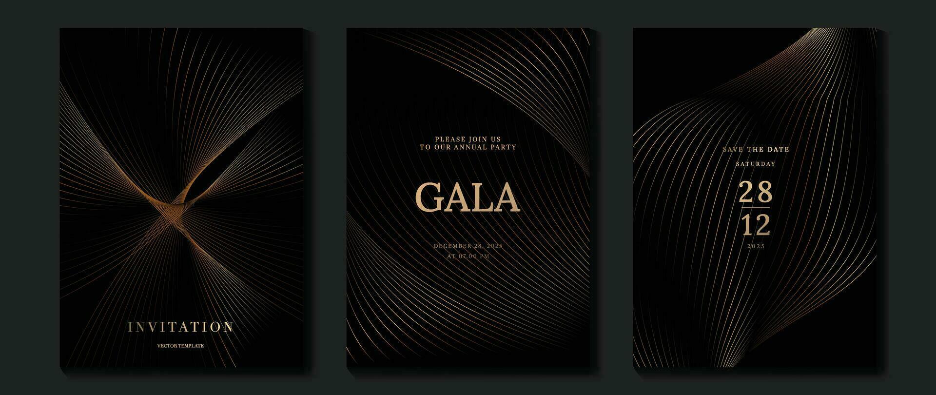 lujo gala invitación tarjeta antecedentes vector. dorado elegante ondulado oro línea modelo en negro antecedentes. prima diseño ilustración para Boda y VIP cubrir plantilla, grandioso apertura. vector