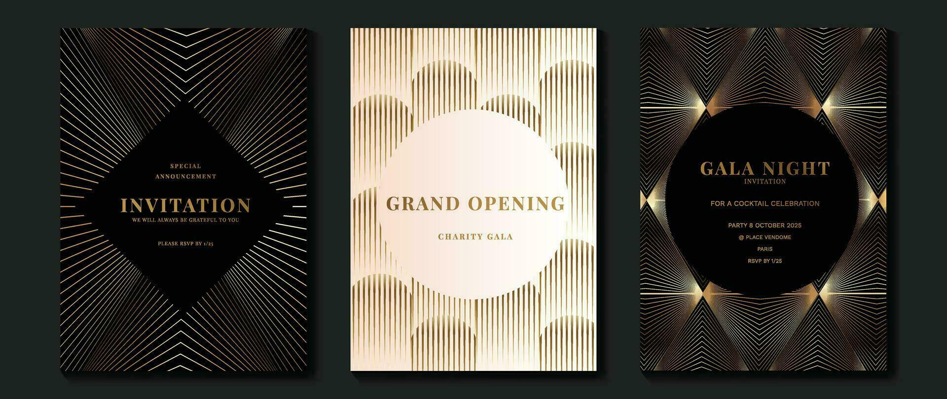 Luxury gala invitation card background vector. Golden elegant wavy gold line pattern on black and light background. Premium design illustration for wedding and vip cover template, grand opening. vector