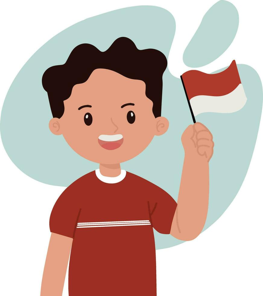 Portrait little boy celebrate sumpah pemuda by holding up the flag red and white vector illustration