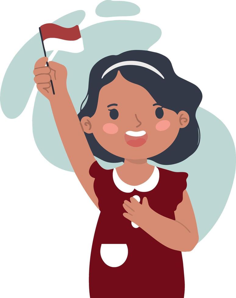 Young girl waving Indonesian red white flag celebrate sumpah pemuda illustration vector