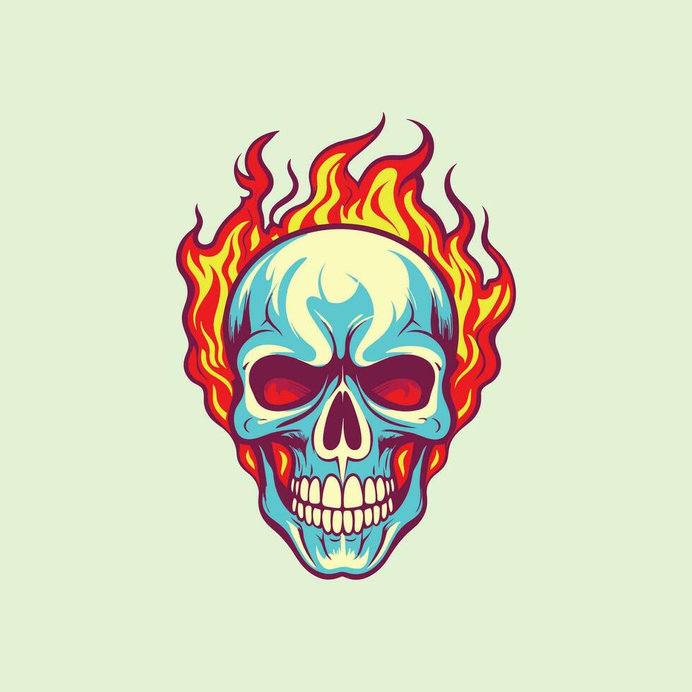 Cartoon detailed realistic colorful scary human skull with open mouth on fire vector