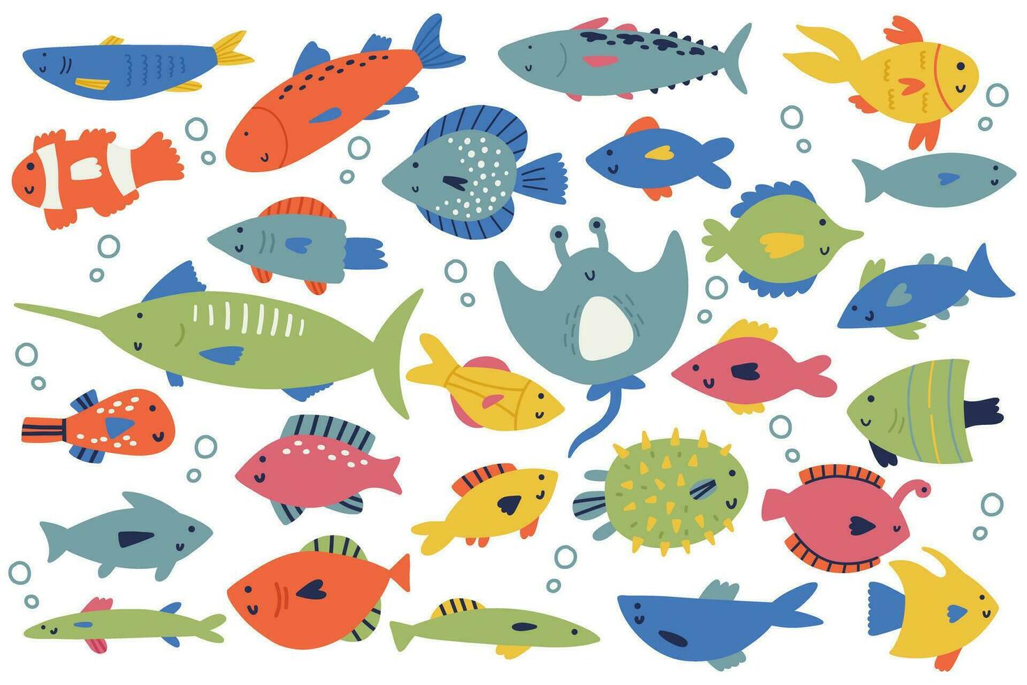 Big set cute hand drawn sea creature fish vector
