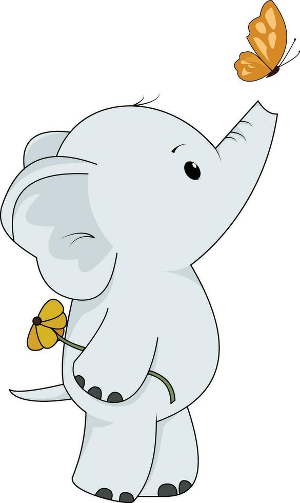 ilustración de un linda bebé elefante jugando con mariposas y naranja flores vector