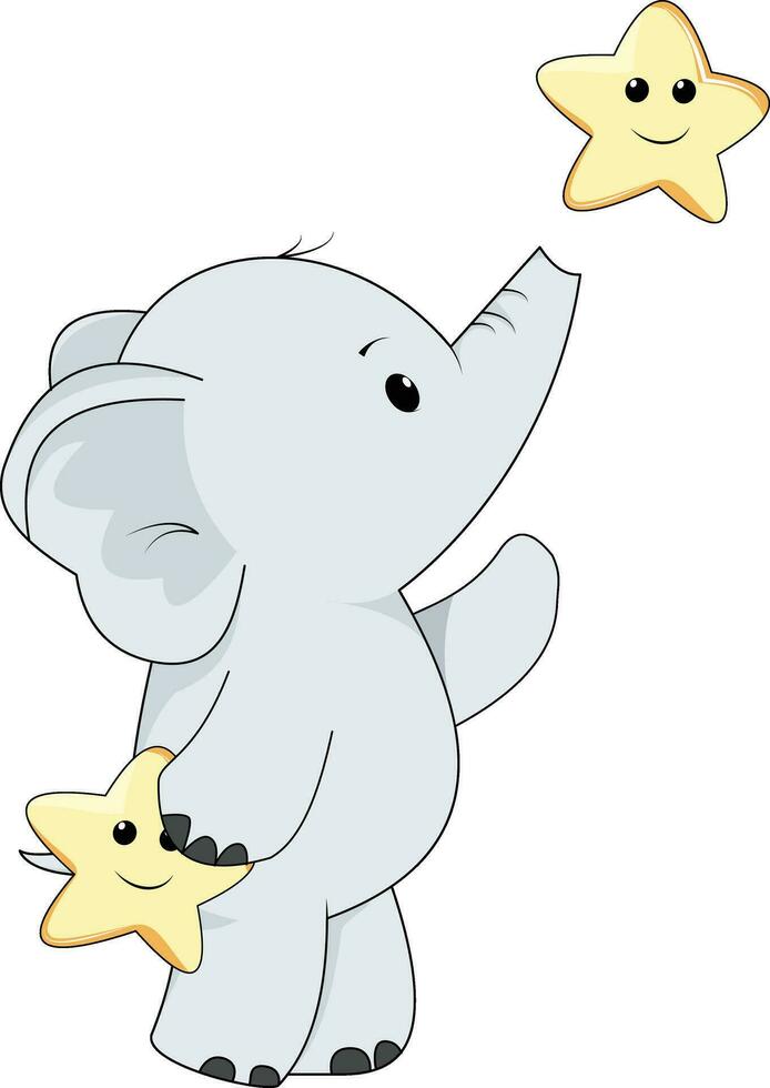 illustration of a cute baby elephant reaching for a cute star vector