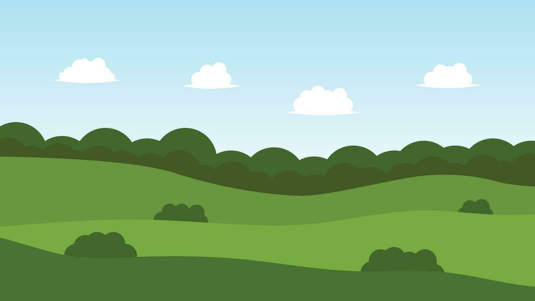 landscape cartoon scene with green hills and white cloud in summer blue sky background vector