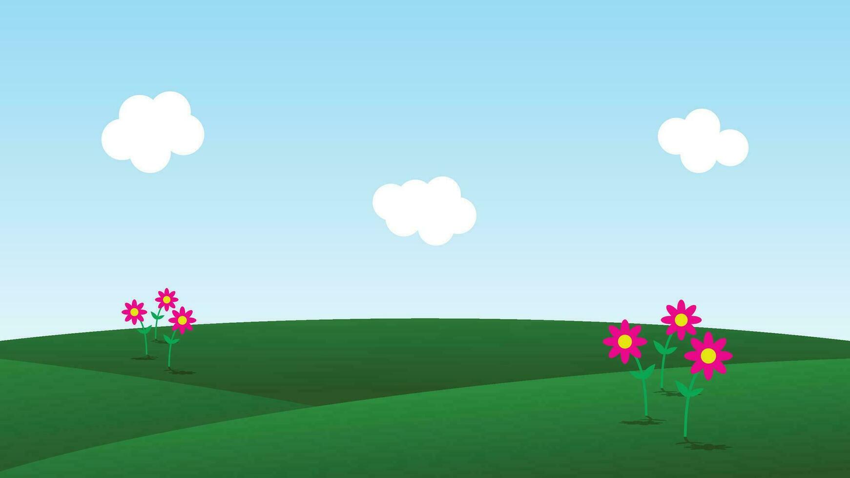 landscape cartoon scene with green hills and white cloud in summer blue sky background vector