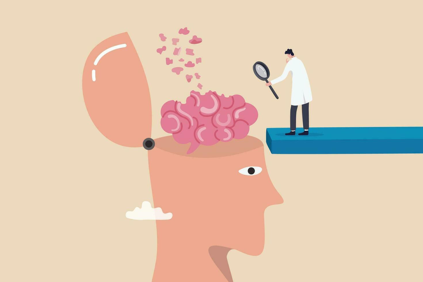 Amnesia losing memory, brain dementia, alzheimer disease, mental illness, thinking or remember disorder, psychology or anxiety concept, doctor with magnifying glass analyze amnesia patient brain. vector