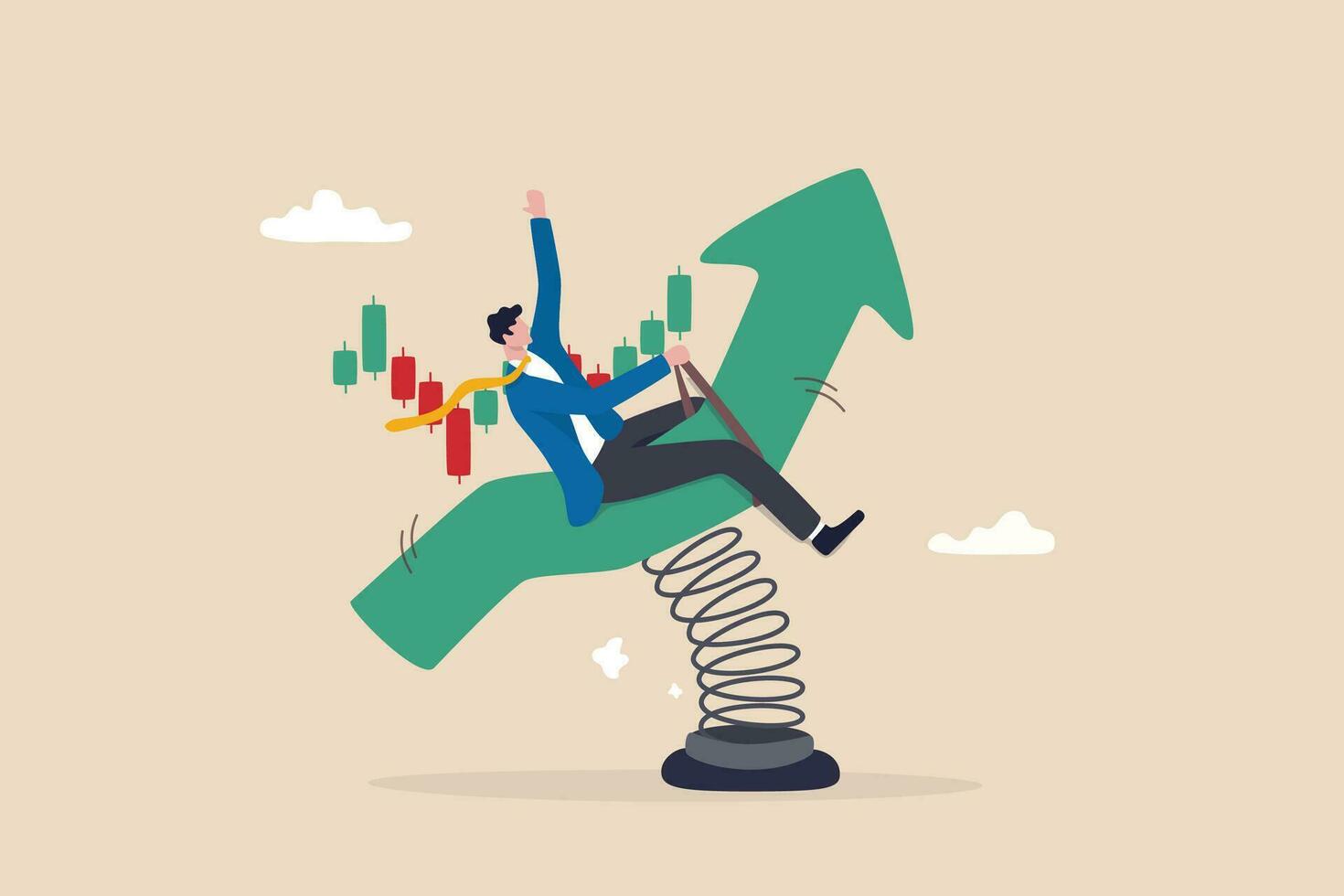 Riding market up trend, risk and uncertainty, stock market or cryptocurrency volatility, price movement, risk management concept, businessman investor or trader riding volatile rising up arrow rodeo. vector