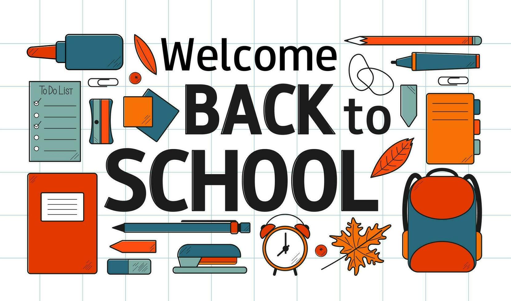 Set of doodle school supplies. Welcome back to school inscription. Vector flat illustration in hand drawn style.