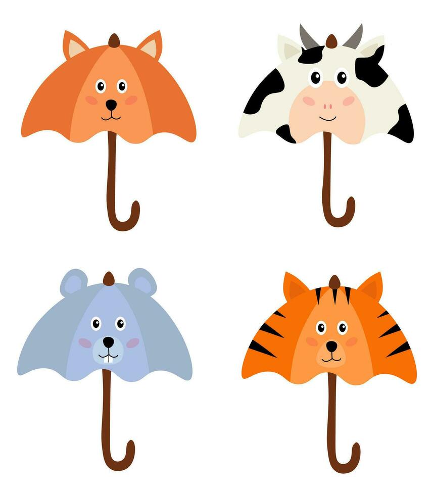 Collection of animalistic umbrellas. Pictures for children. Accessories with animals. Fox, mouse, tiger, cow. Graphic elements. Flat vector illustration set.