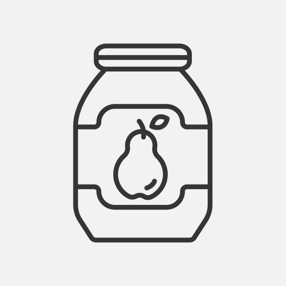 Pear jam in the glass jar. Line icon. Diet food, homemade product. Fruit juice packaging. Vector illustration