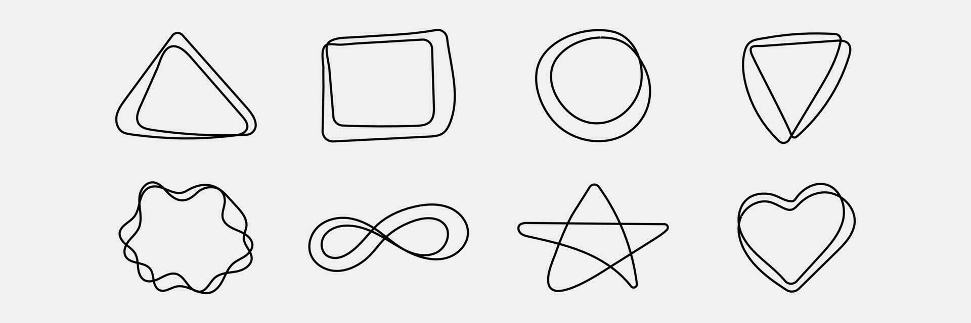 Doodle shapes. Hand drawn border or frame, decorative element for presentation. Scribble triangle, heart, circle, star and square. Vector illustration