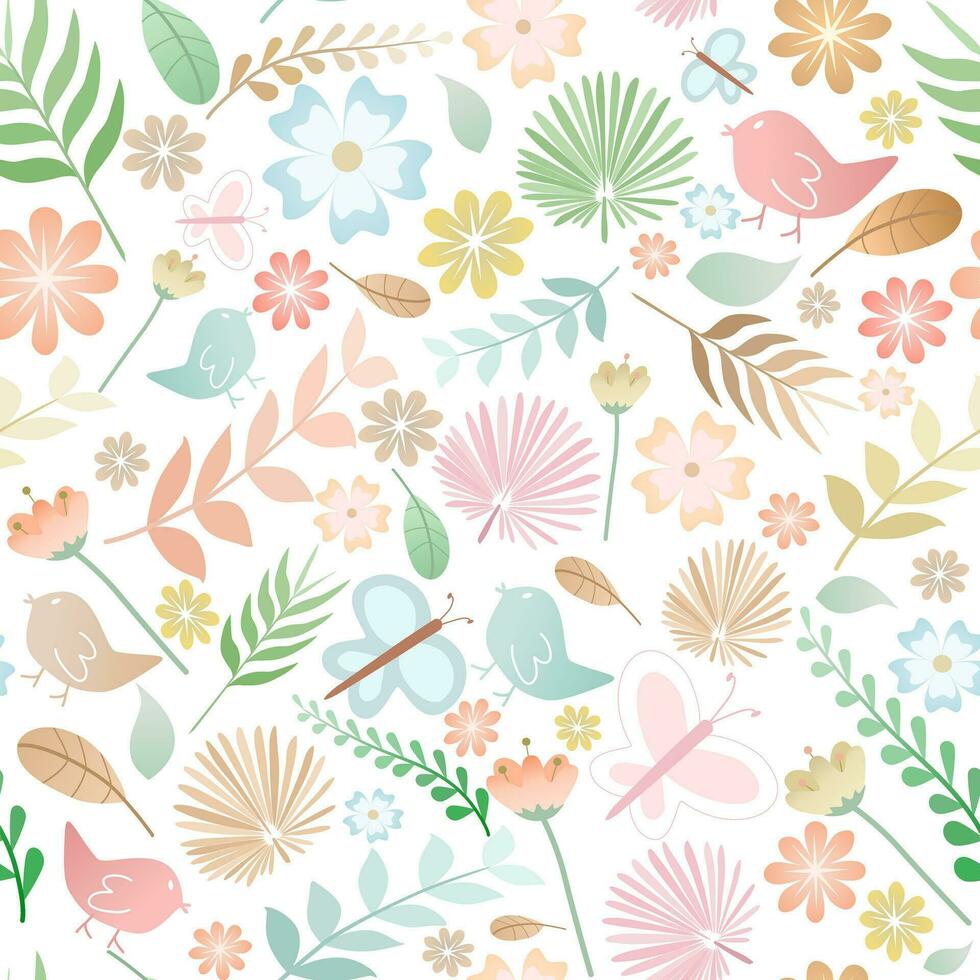 Vector - Abstract seamless pattern of many leaves, flower, bird, butterfly. Natural image.