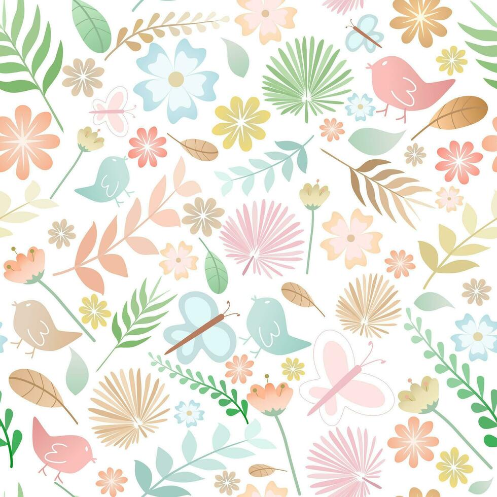 Vector - Abstract seamless pattern of many leaves, flower, bird, butterfly. Natural image.