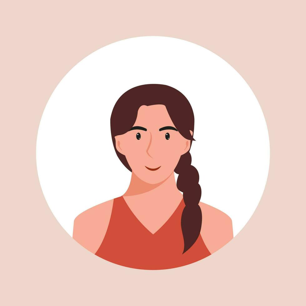 Circle the avatar with the portrait women of various races and hairstyles. Collection of user profiles. Round icon with happy smiling human. Colorful flat vector illustration.