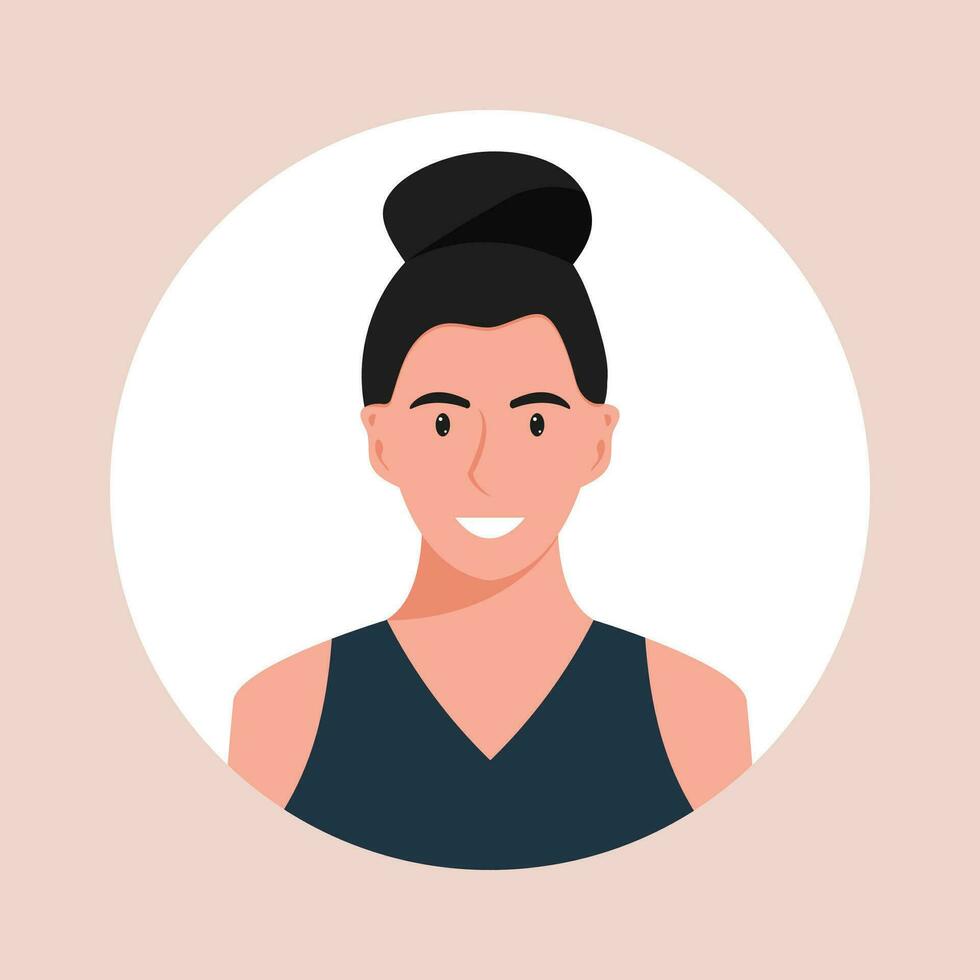 Circle the avatar with the portrait women of various races and hairstyles. Collection of user profiles. Round icon with happy smiling human. Colorful flat vector illustration.