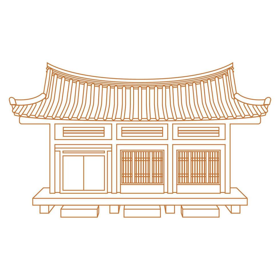 Editable Vector Illustration of Outline Style Front View Wide Traditional Hanok Korean House Building for Artwork Element of Oriental History and Culture Related Design