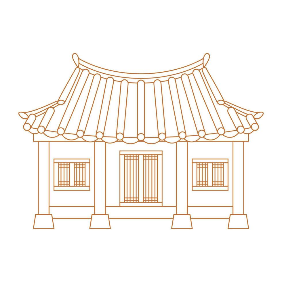 Editable Vector Illustration of Outline Style Front View Traditional Hanok Korean House Building for Artwork Element of Oriental History and Culture Related Design