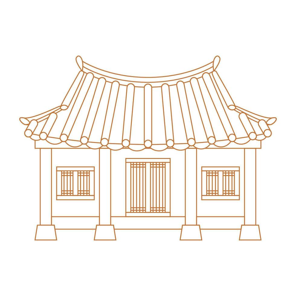 Editable Vector Illustration of Outline Style Front View Traditional Hanok Korean House Building for Artwork Element of Oriental History and Culture Related Design