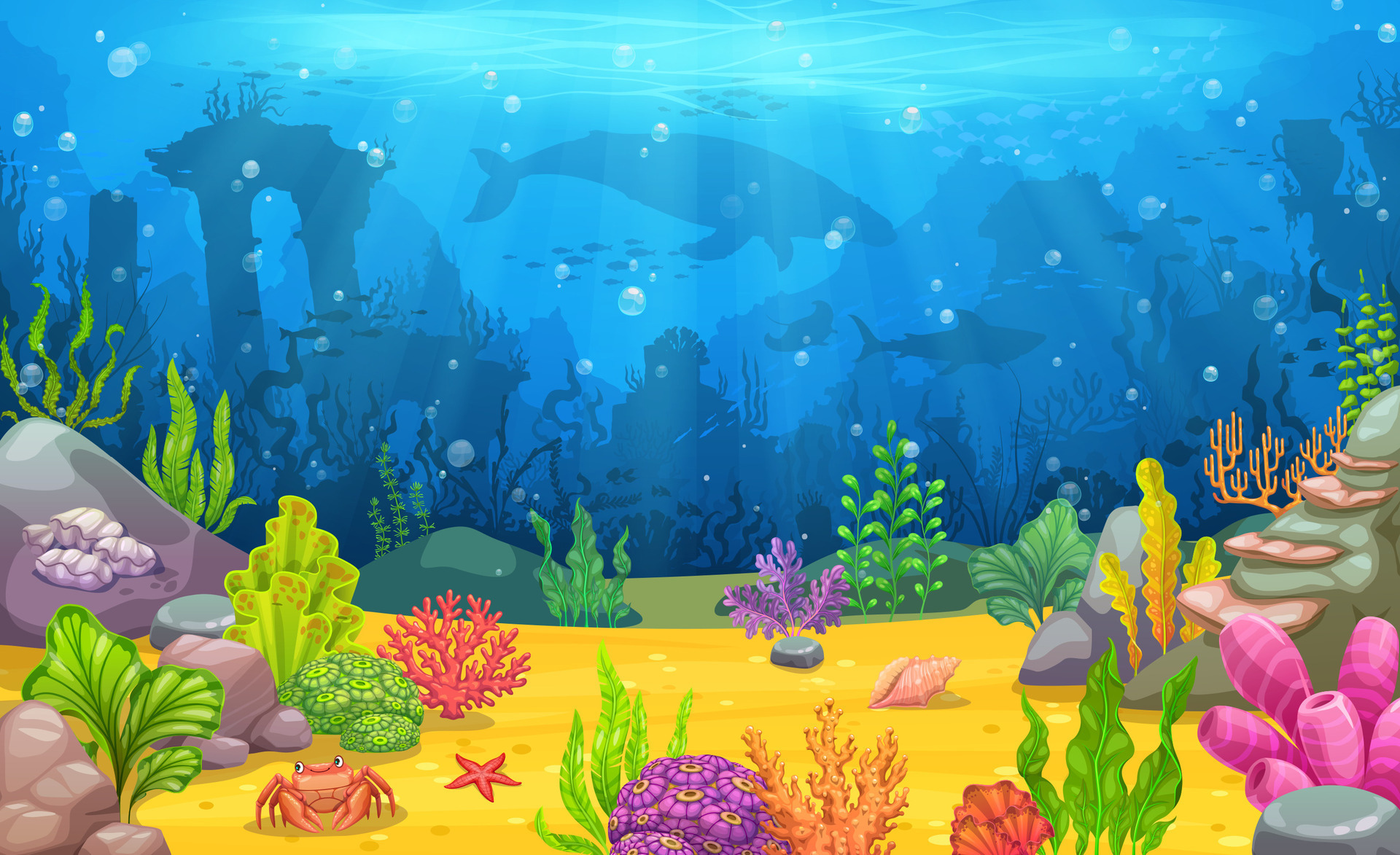 Underwater landscape with sea animal, sunken town 27700667 Vector Art ...