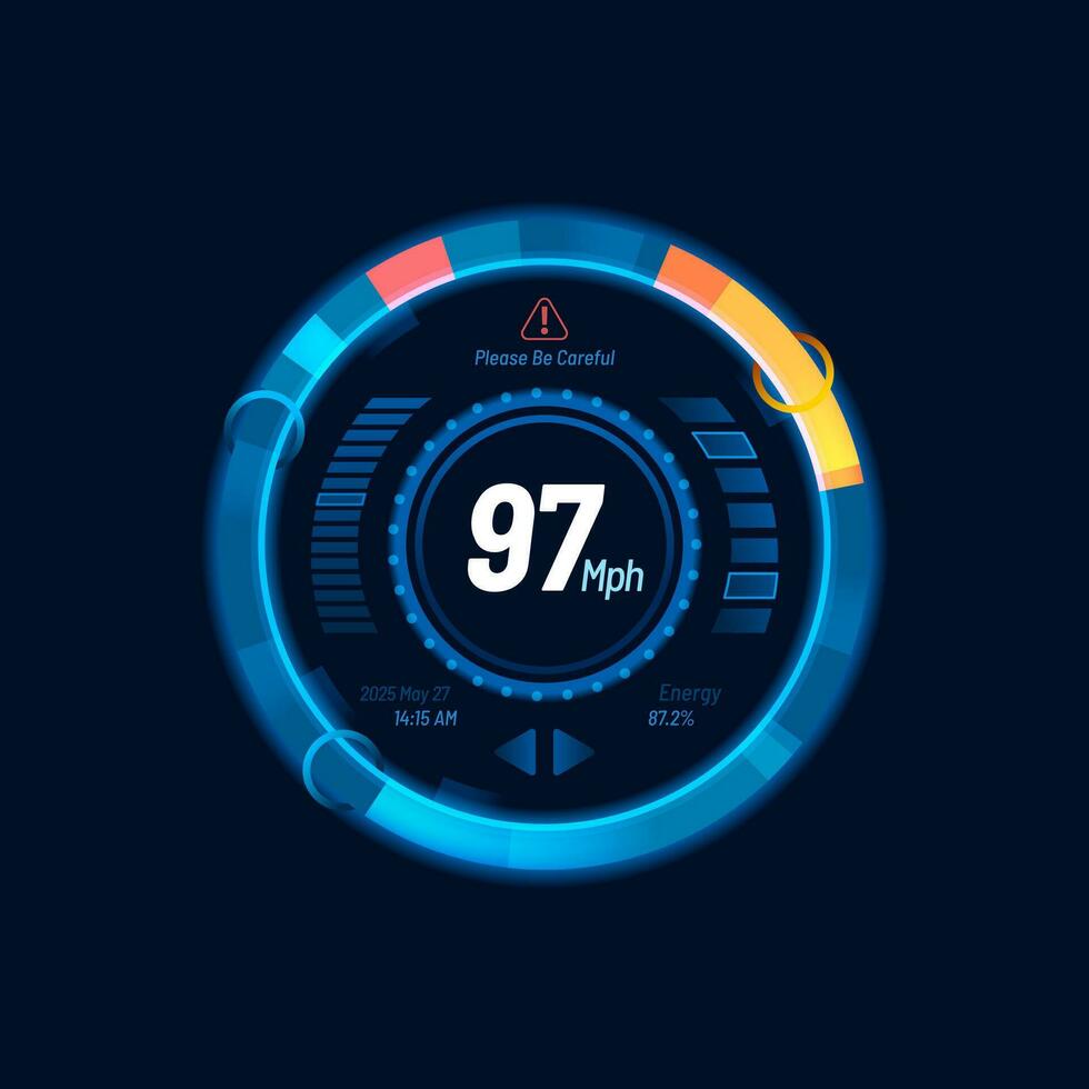 Blue speedometer neon dial, car speed dashboard vector