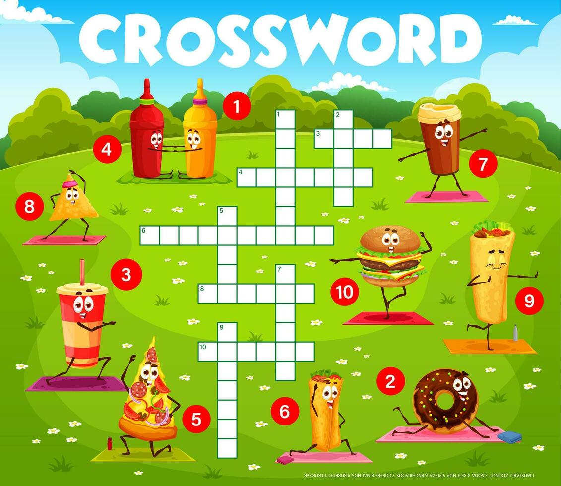 Crossword quiz game, cartoon fast food on yoga vector
