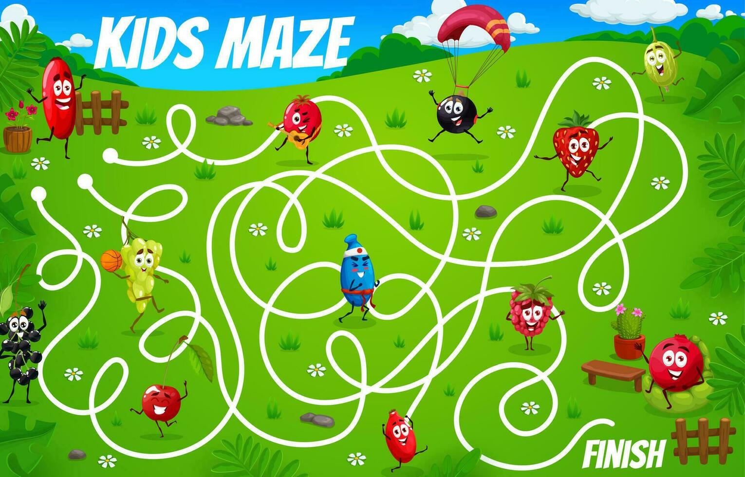 Labyrinth maze, cartoon cheerful berry characters vector