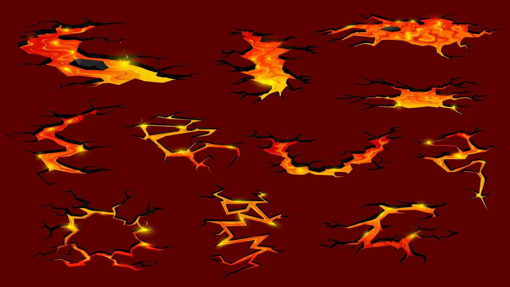 volcán lava o magma fuego suelo grietas conjunto vector