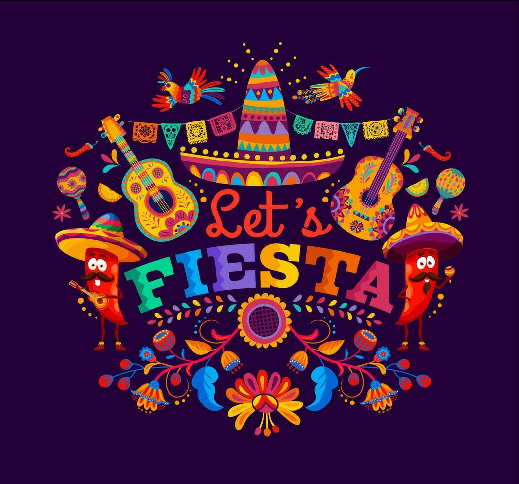 Mexican fiesta party banner with pepper mariachi vector