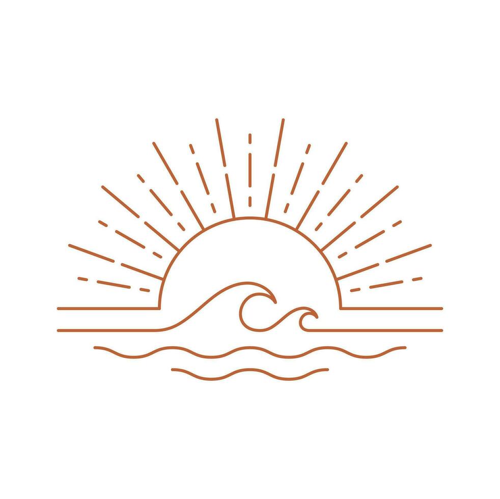 lineal boho icono, amanecer o puesta de sol en mar olas vector