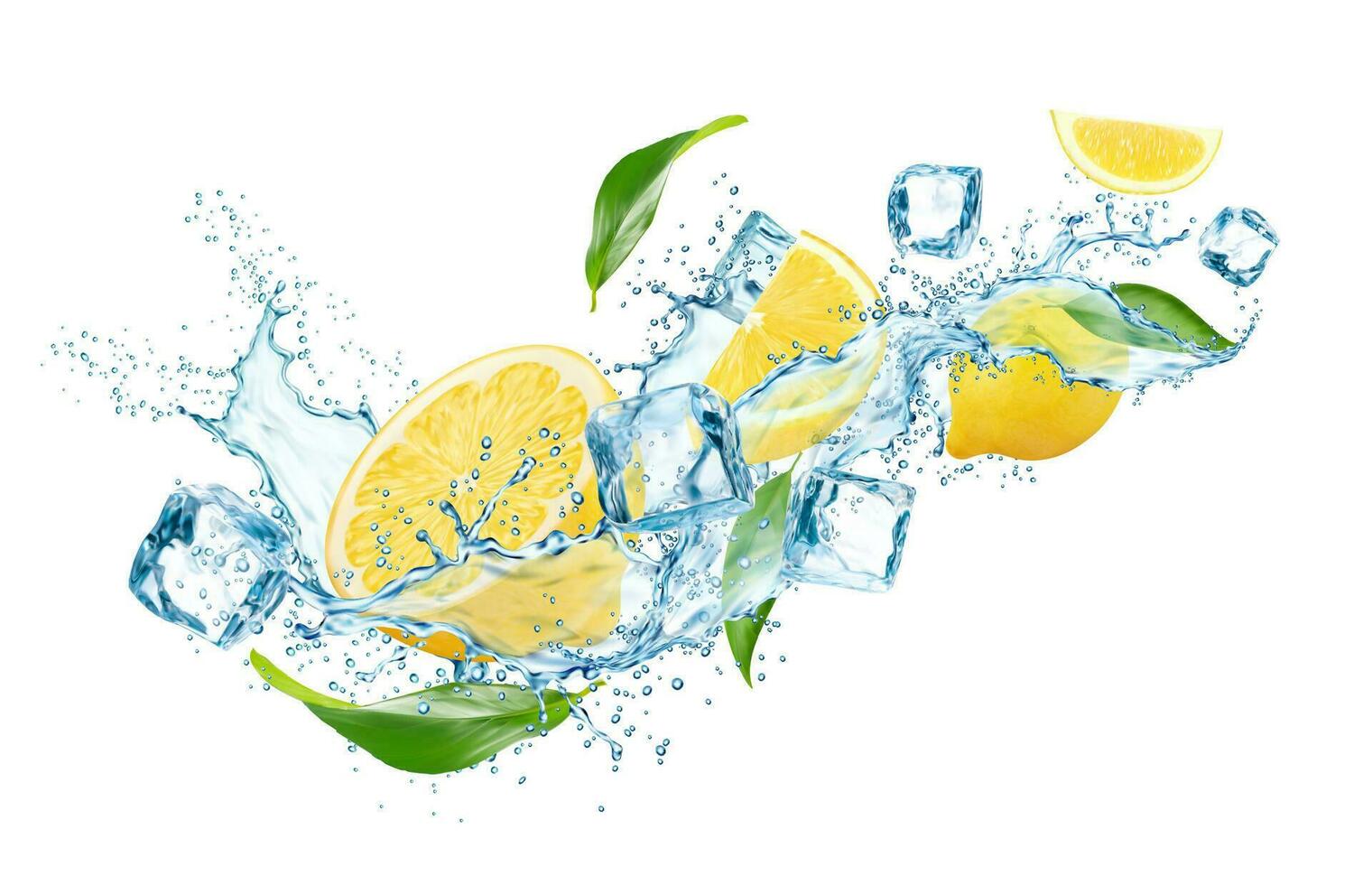 Realistic lemon fruit with leaves, water splash vector
