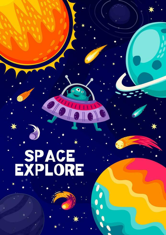 Cartoon space landscape poster, alien UFO, planets vector